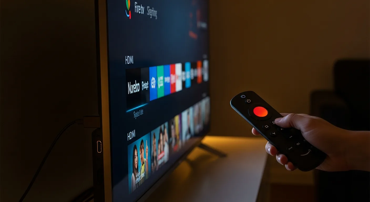 Amazon Fire Stick branché en HDMI sur un téléviseur avec télécommande en main