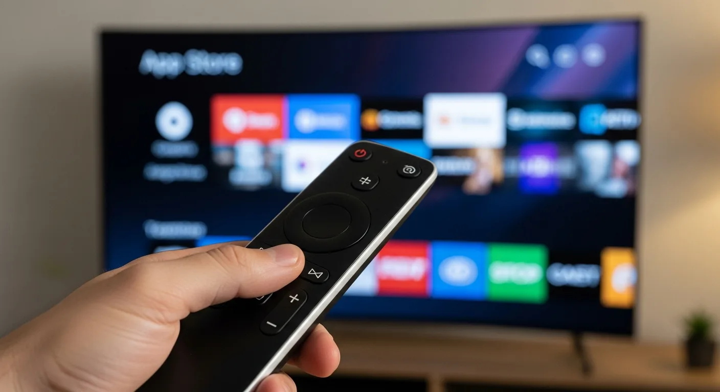 Télécommande Samsung devant un téléviseur Smart TV avec interface d'installation d'application